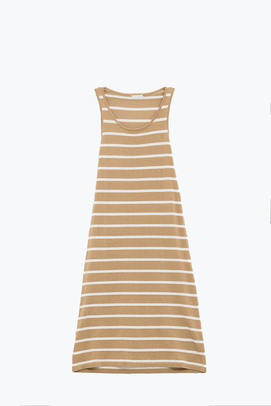 Q2 maxi vestido de tirantes con cuello redondo en beige con rayas blancas
