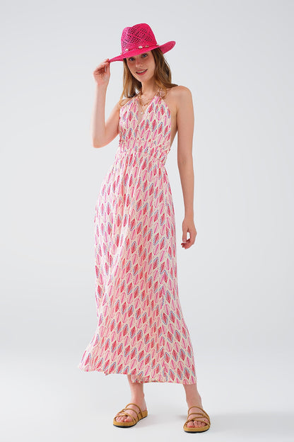 Maxi Vestido de Verano con Estampado de Plumas y Espalda Abierta en Rosa