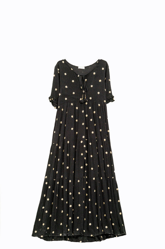 Q2 Maxi Vestido Negro con Lentejuelas Doradas