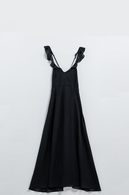 Q2 Maxi vestido negro de gasa con volantes en los tirantes