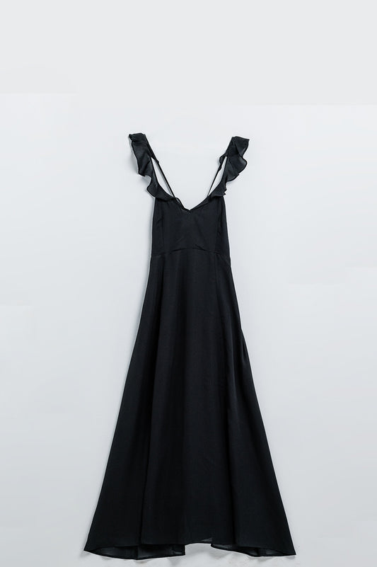 Q2 Maxi vestido negro de gasa con volantes en los tirantes