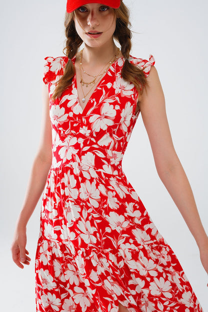 Maxi vestido rojo con estampado floral y escote en V