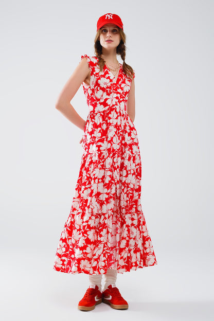 Maxi vestido rojo con estampado floral y escote en V