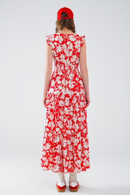 Maxi vestido rojo con estampado floral y escote en V