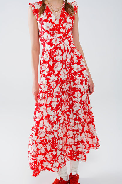 Maxi vestido rojo con estampado floral y escote en V