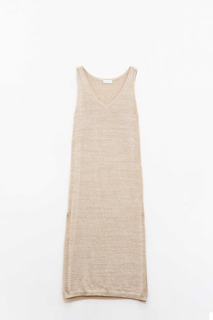 Q2 Maxi Vestido Sin Mangas Beige Con Abertura Lateral