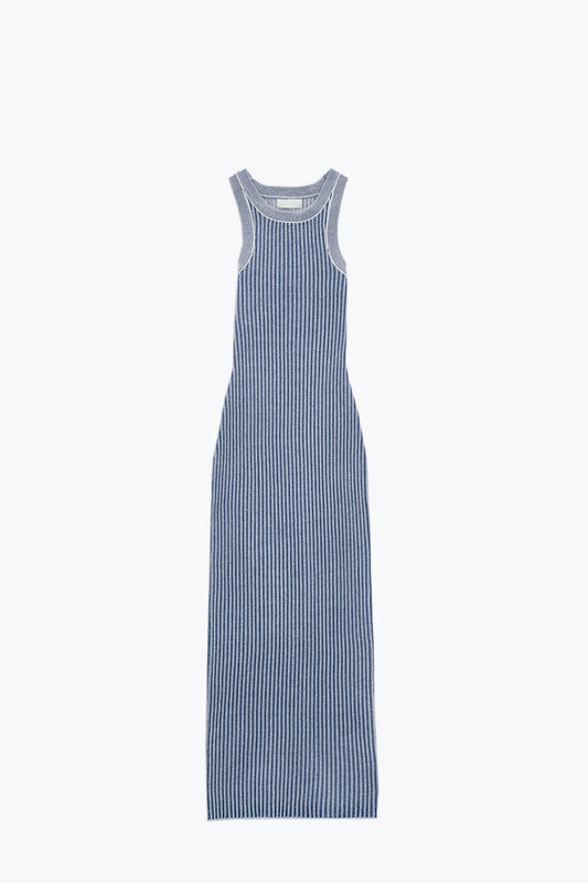 Q2 Maxi Vestido sin mangas Halter Bodycon acanalado en azul