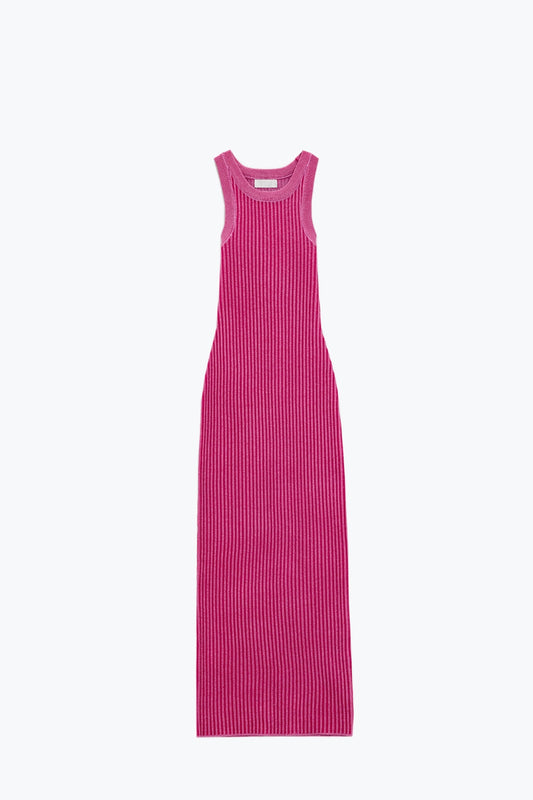 Q2 Maxi Vestido sin Mangas Halter Bodycon Ribbed en fucsia
