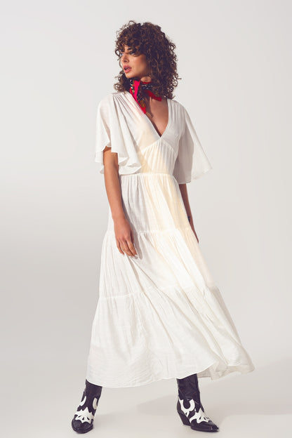 Q2 Maxi Vestido Smock Cuello en V Blanco