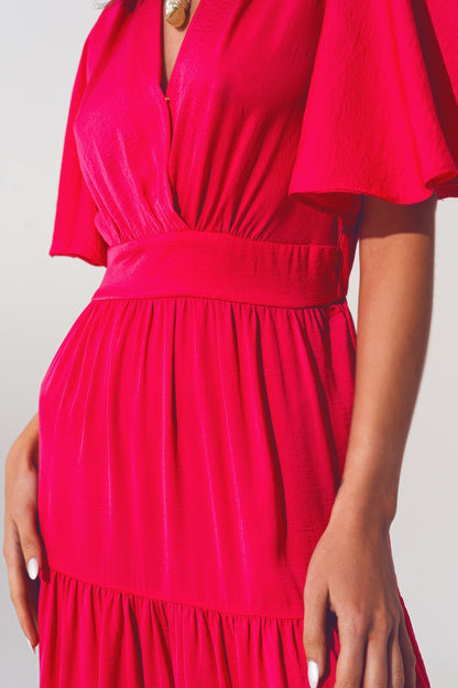 Maxi Vestido Smock Cuello en V fucsia