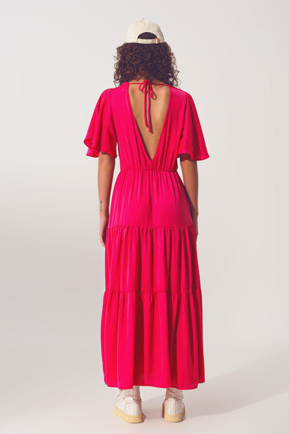 Maxi Vestido Smock Cuello en V fucsia