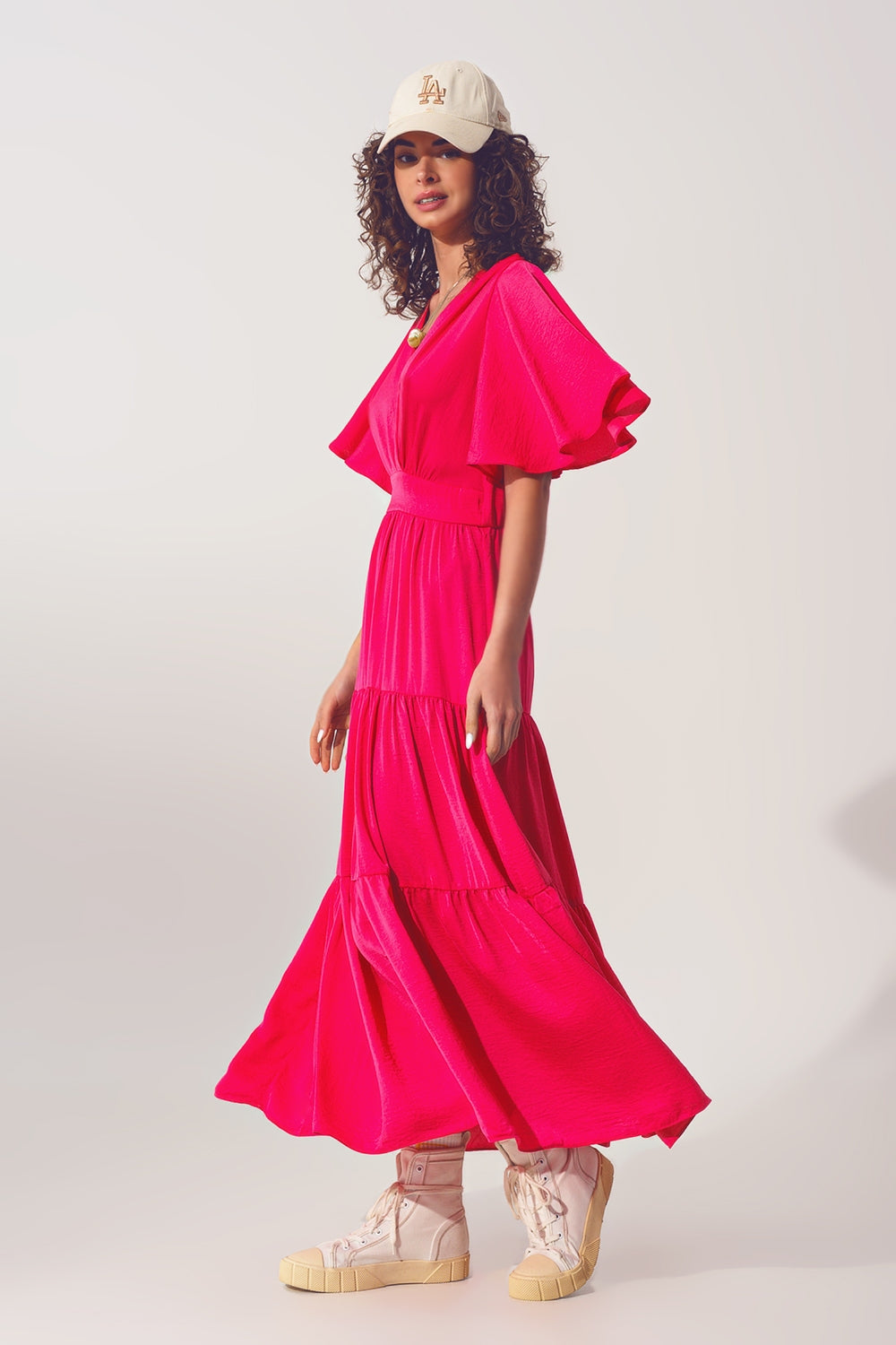 Maxi Vestido Smock Cuello en V fucsia