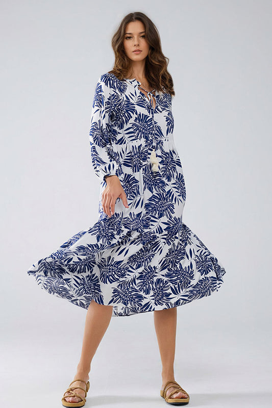 Q2 Maxivestido boho con mangas globo y estampado de hojas en blanco y azul marino