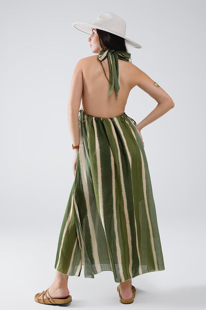 Maxivestido con cuello en V y aberturas laterales en color verde teñido a rayas