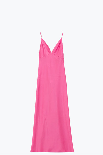 Maxivestido de satén con tirantes fucsia