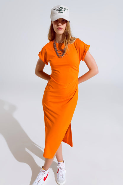 Q2 Maxivestido Naranja Con Desliz y Rouche Al Lado