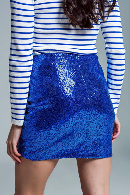 Mini Falda Bodycon de Lentejuelas Azul Pequeña