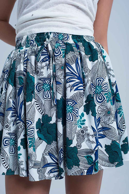 Mini falda pantalon azul con estampado floral