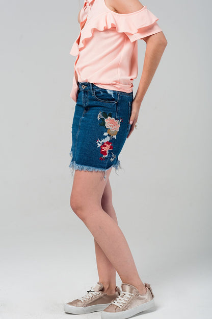 Q2 Mini falda vaquera con flores bordadas