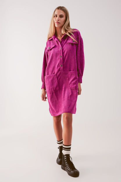 Mini vestido camisero de pana en fucsia