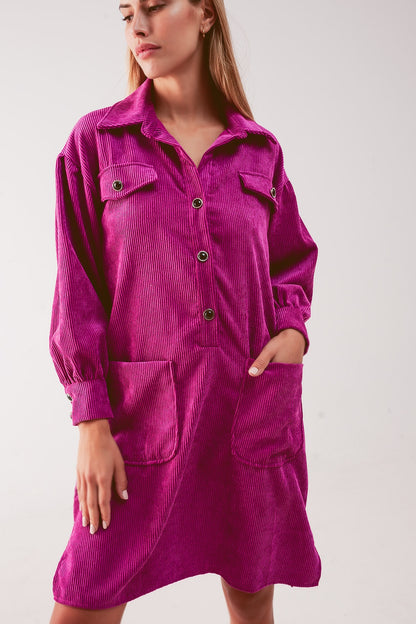 Mini vestido camisero de pana en fucsia
