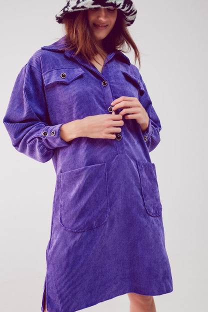 Mini vestido camisero de pana en morado
