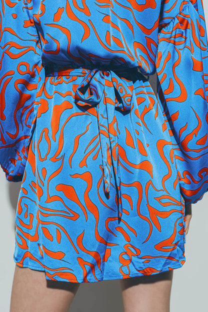 Mini Vestido de Satén con Cuello en V Azul