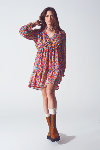 Q2 Mini Vestido Floral con Cuello en V Multicolor