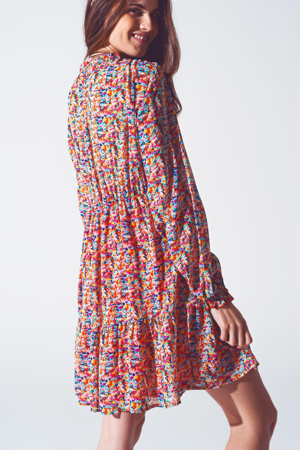 Mini Vestido Floral con Cuello en V Multicolor