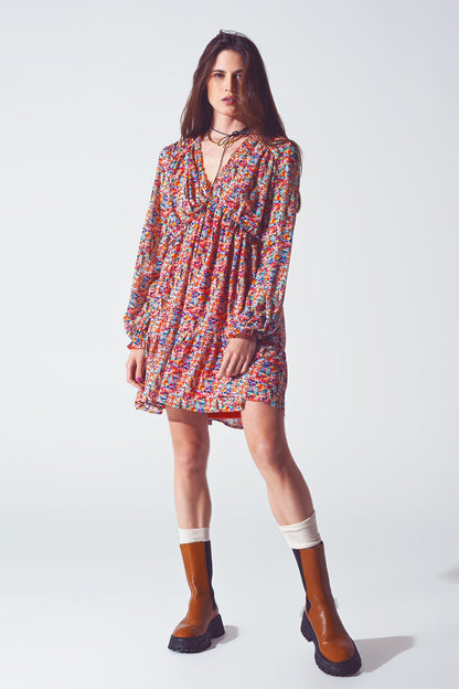 Mini Vestido Floral con Cuello en V Multicolor