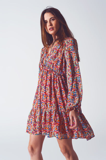 Mini Vestido Floral con Cuello en V Multicolor