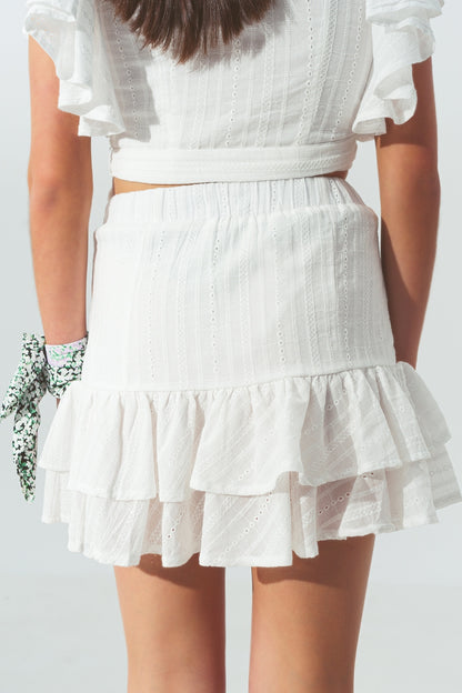 Minifalda bordada con volantes Blanca