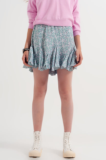 Minifalda verde con estampado floral y volantes