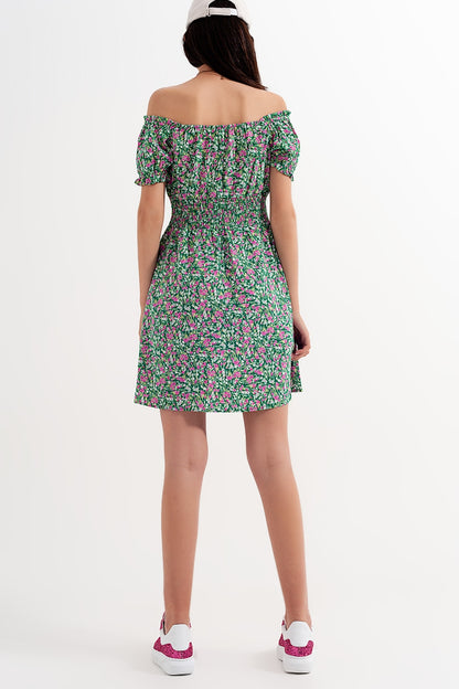 Minivestido con detalle de pliegues en estampado floral verde
