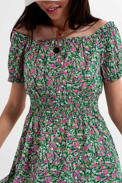 Minivestido con detalle de pliegues en estampado floral verde