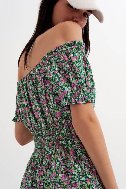 Minivestido con detalle de pliegues en estampado floral verde