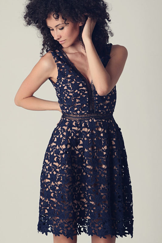 Q2 Minivestido de encaje de puntilla azul
