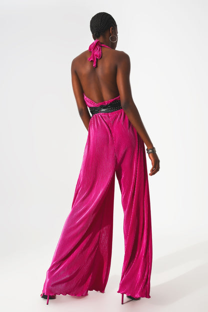 Mono largo plisado con cuello halter de satén fucsia