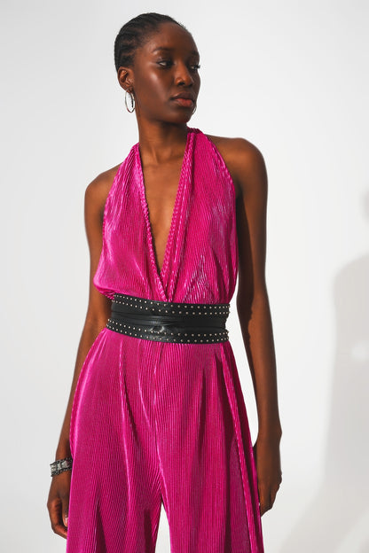 Mono largo plisado con cuello halter de satén fucsia