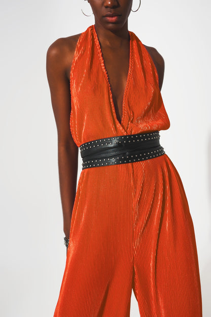Mono largo plisado con cuello halter de satén naranja