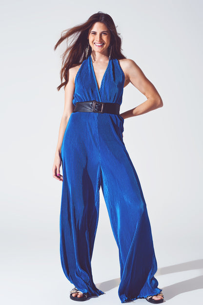 Mono largo Plisado de Raso con Cuello Halter en Azul