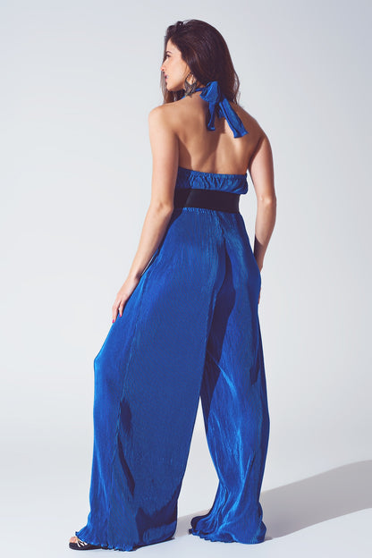 Mono largo Plisado de Raso con Cuello Halter en Azul