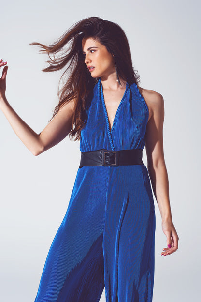 Mono largo Plisado de Raso con Cuello Halter en Azul