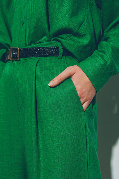 pantalón ancho de pinzas tejido algodon ligero en verde