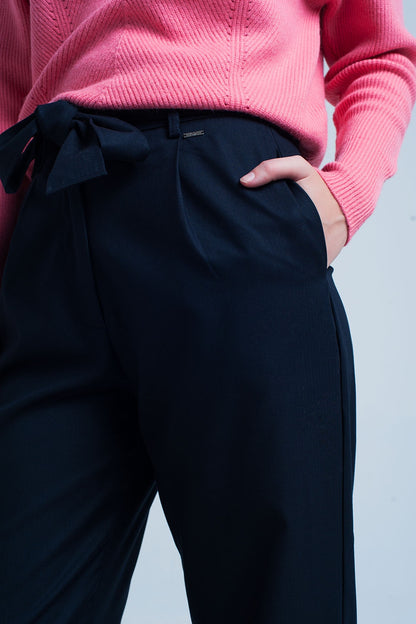 Pantalon ancho recto azul marino con lazo