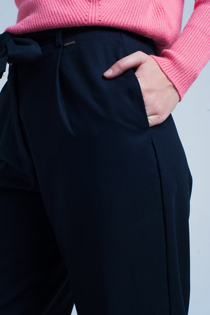 Pantalon ancho recto azul marino con lazo