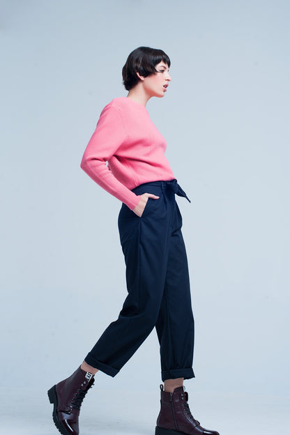 Pantalon ancho recto azul marino con lazo
