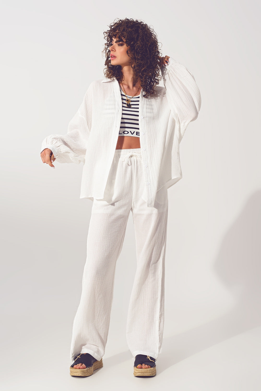Pantalón Ancho Texturizado en Blanco