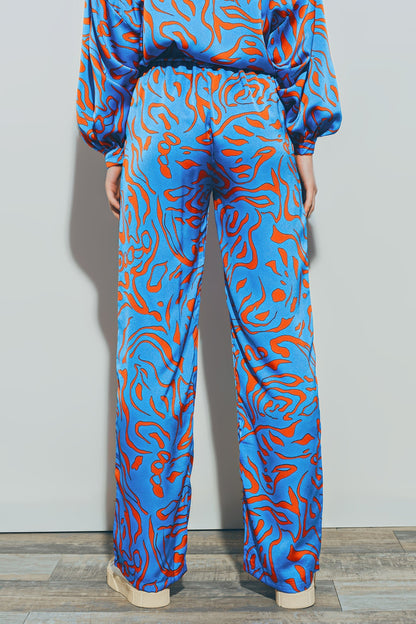 Pantalón de Raso con Cintura Elástica en Azul