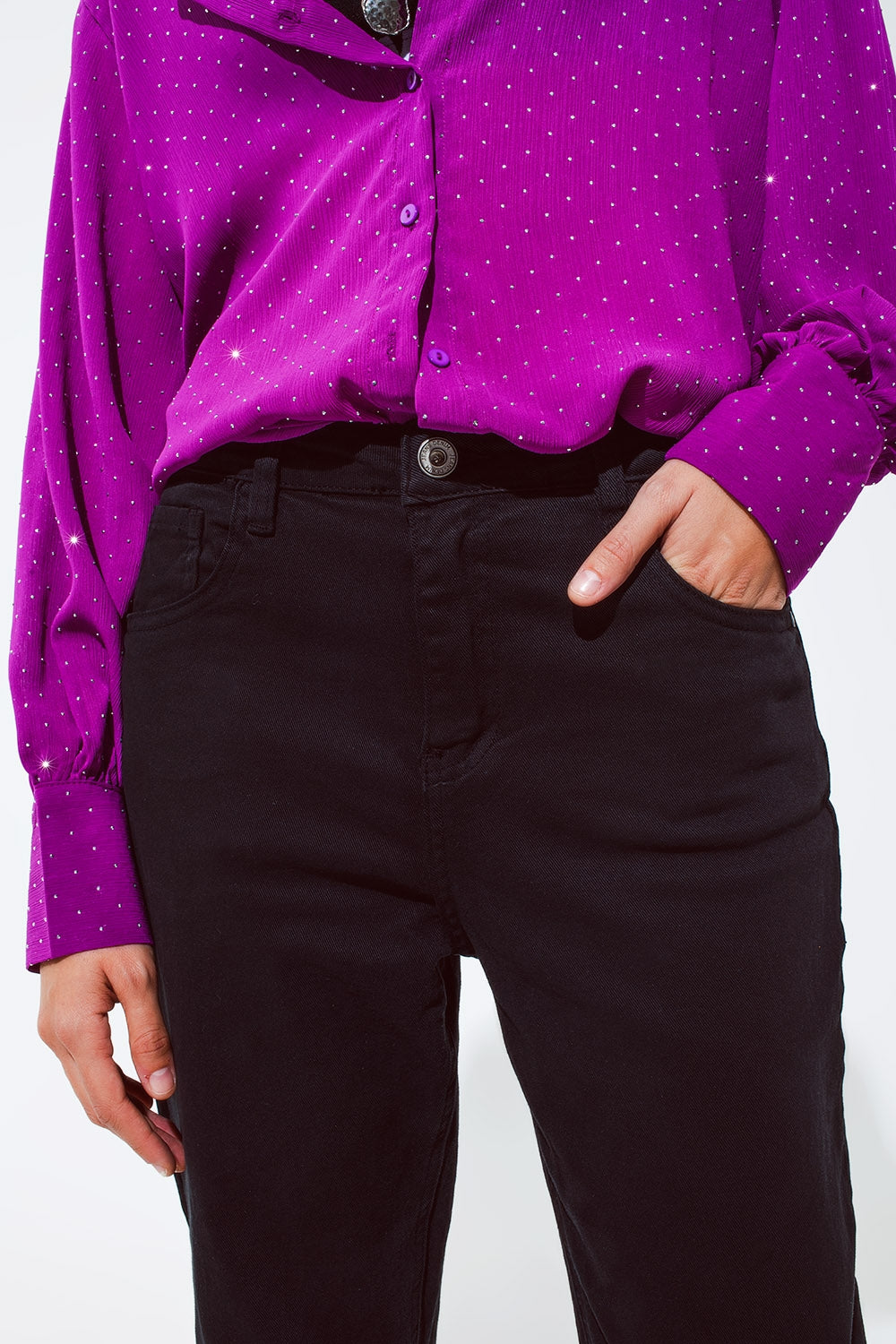 Pantalón negro holgado de algodón de tiro medio